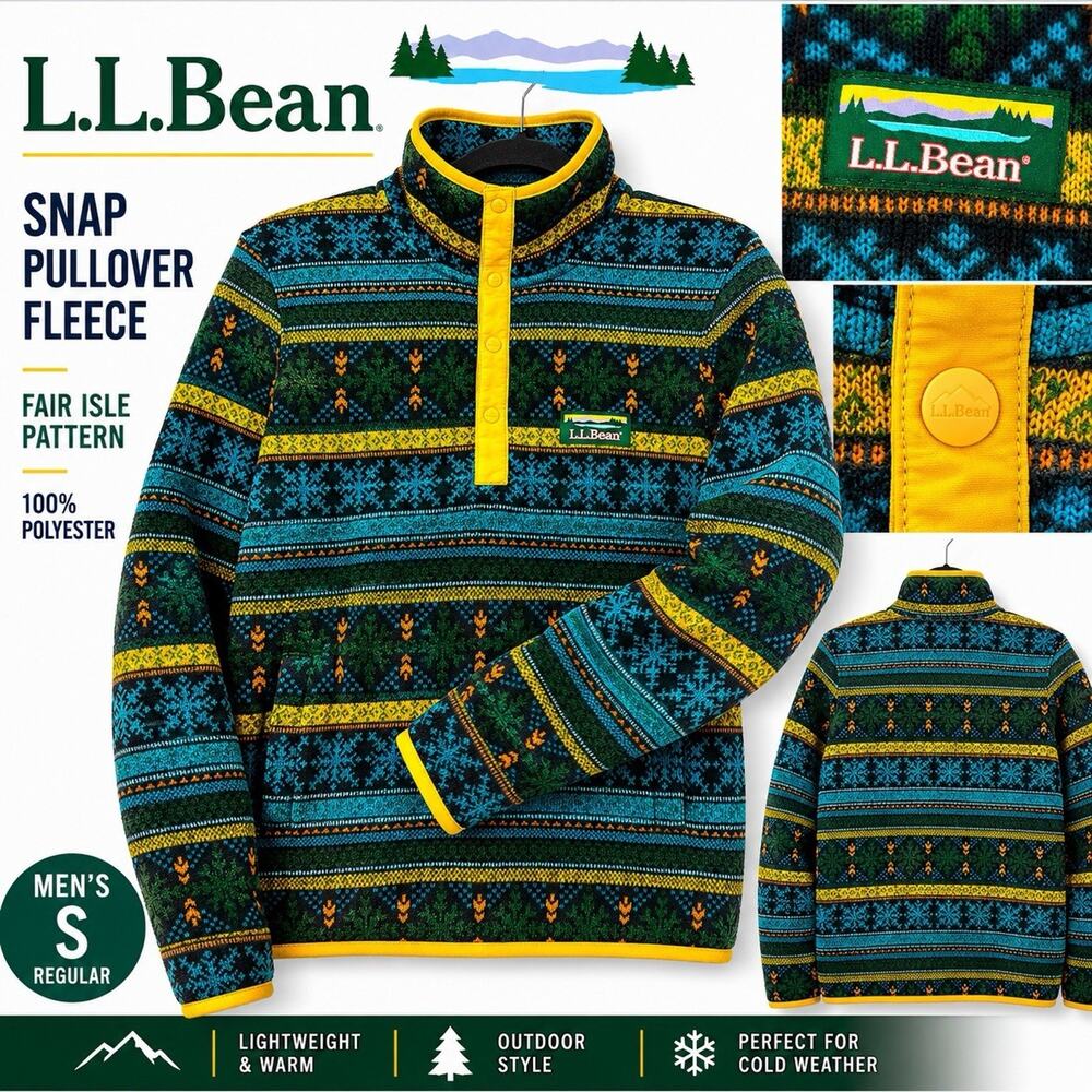 L.L.Bean Men’s Snap Pullover Fleece Small Nordic Fair Isle Sweater Jacket